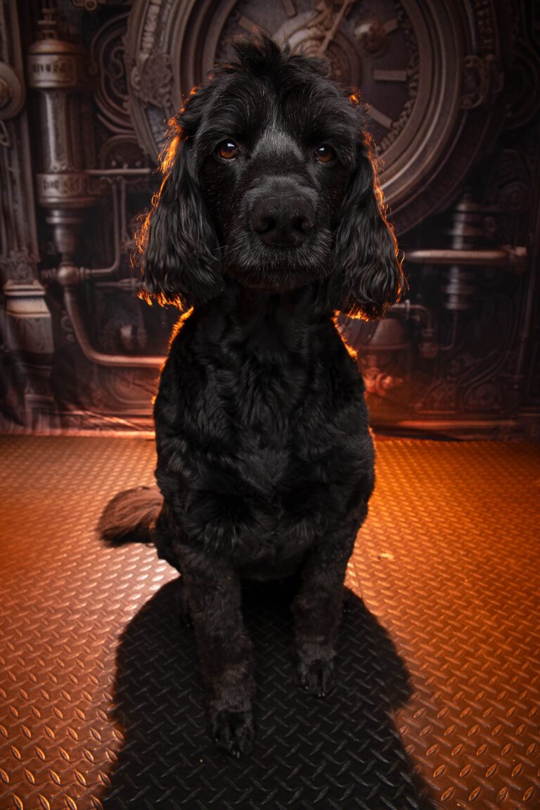 Black goldendoodle dog in steampunk photography studio