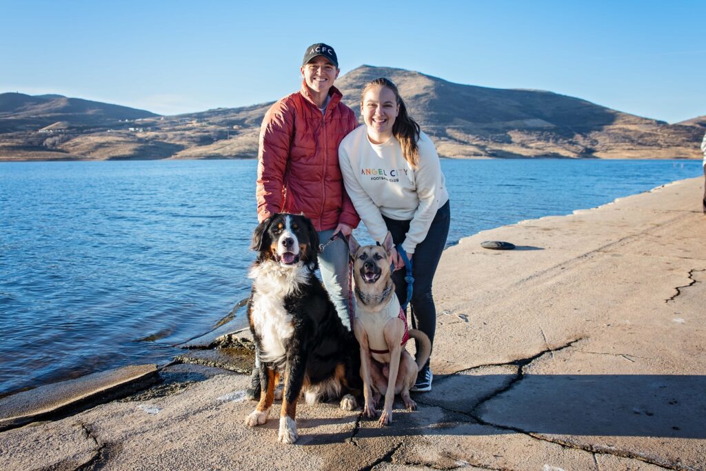 Two women with their dogs at Jordanelle Reservoir, outside of Park City Utah