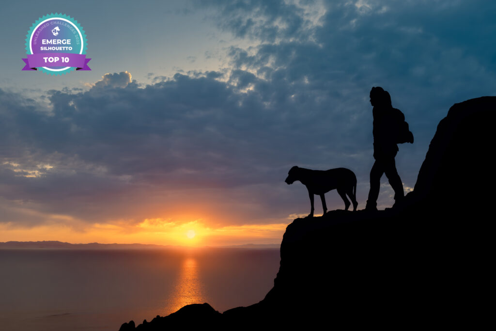 Silhouette of a woman and her Great Dane pausing to watch sunset over the Great Salt Lake from Antelope Island, Utah